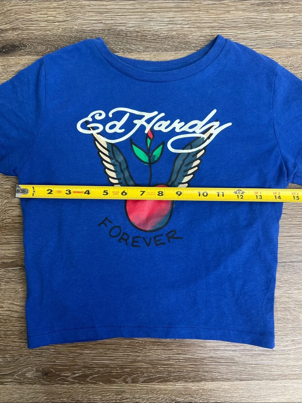 Ed Hardy “Forever” Cherry Graphic Baby Tee Blue Size Small